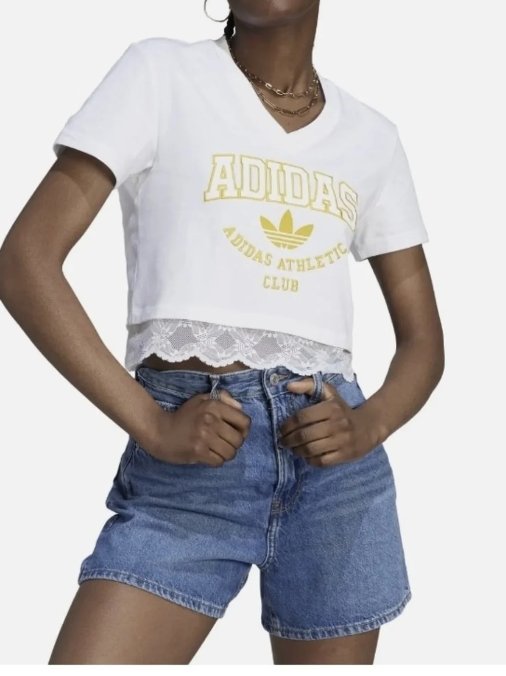 adidas White & Yellow Lace Hem Women V-Neck Logo Tee Size S - Picture 16 of 16